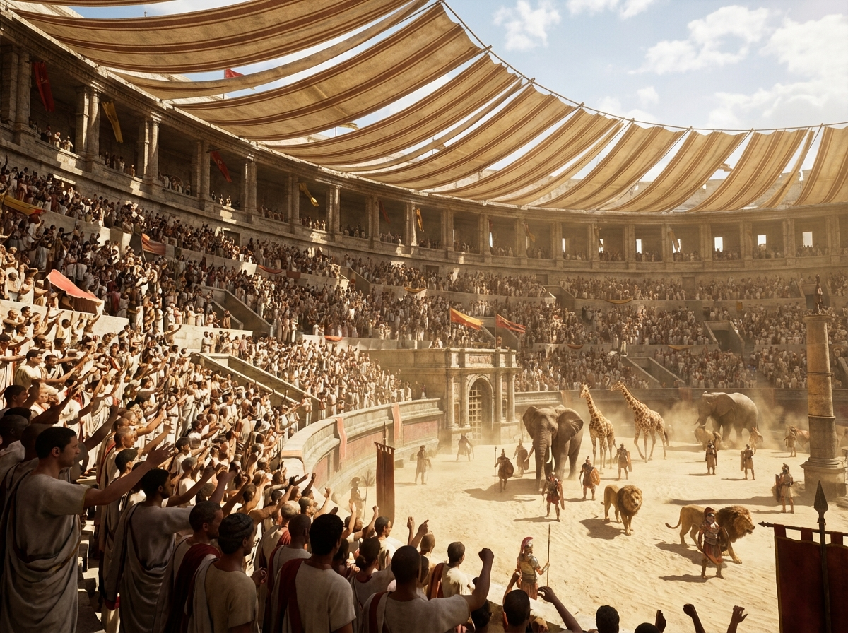 Cheering Romans in the Colosseum watch venatores face elephants, giraffes and lions beneath the great canvas awning.