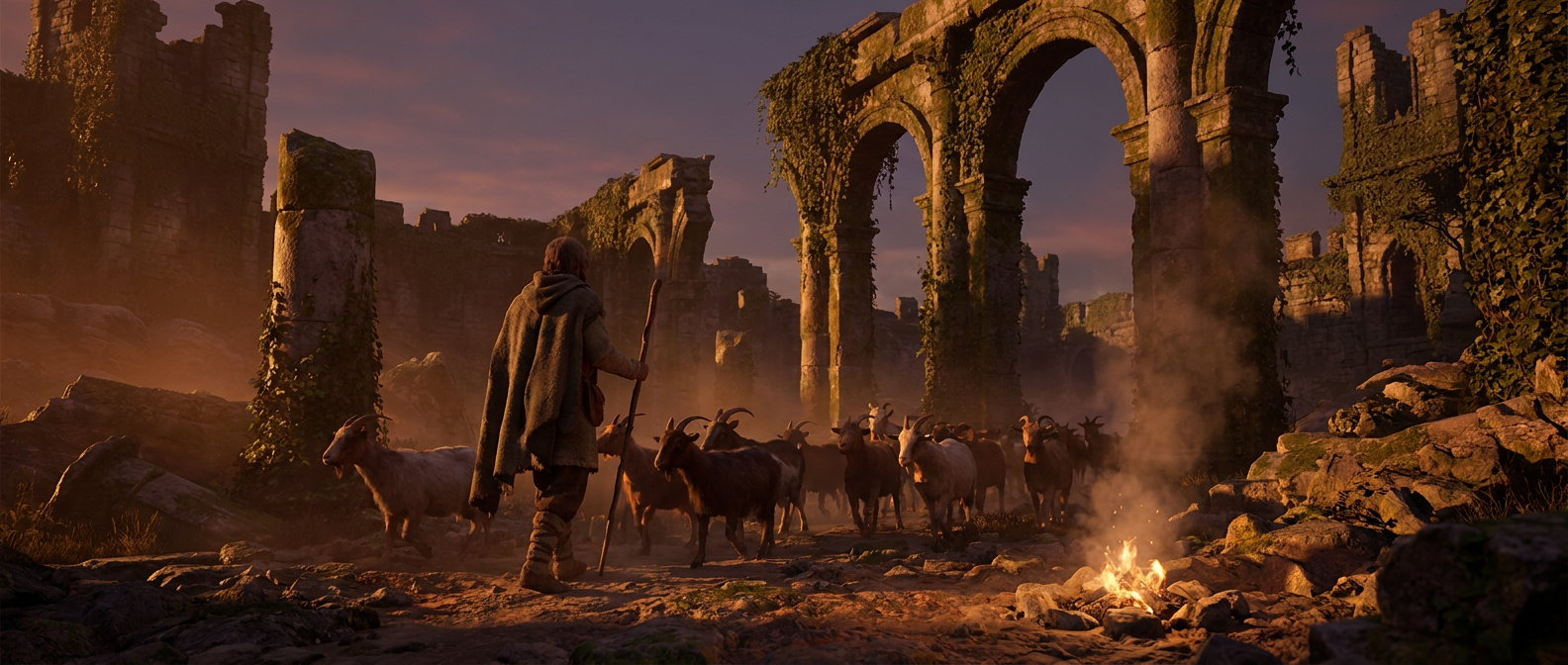 A shepherd leads goats through the ruins of an ancient city wall at dusk