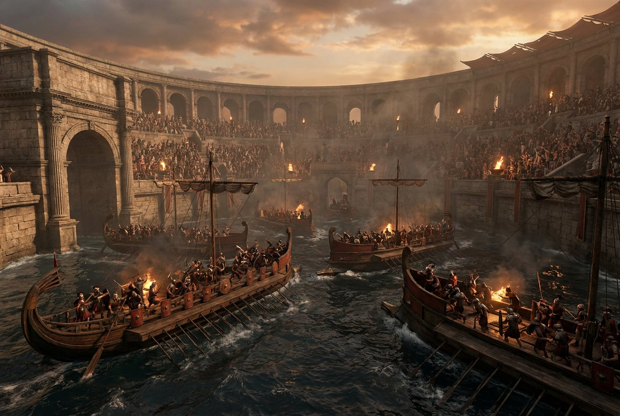 Roman galleys with oarsmen and legionaries fight a staged sea battle in a flooded arena before packed stands.