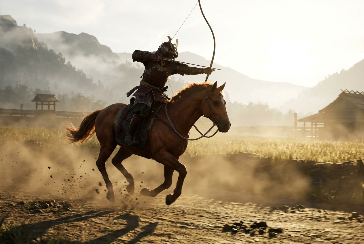 Ein berittener Samurai spannt im vollen Galopp seinen Bogen, Staub wirbelt im Morgenlicht