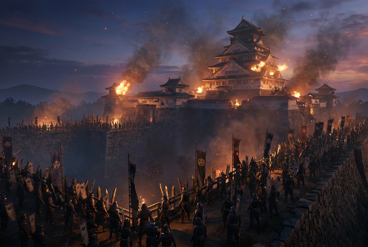 Die Burg von Osaka brennt in der Abenddämmerung, auf den Mauern stehen Samurai mit Bannern