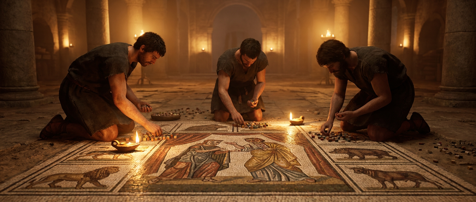 Gallo-römische Handwerker mit dunklem Haar knien in einer Basilika auf dem Boden und setzen bei Lampenlicht kleine Steinwürfel zu einem großen Mosaik mit einer Theaterszene und vier Tieren in den Ecken zusammen