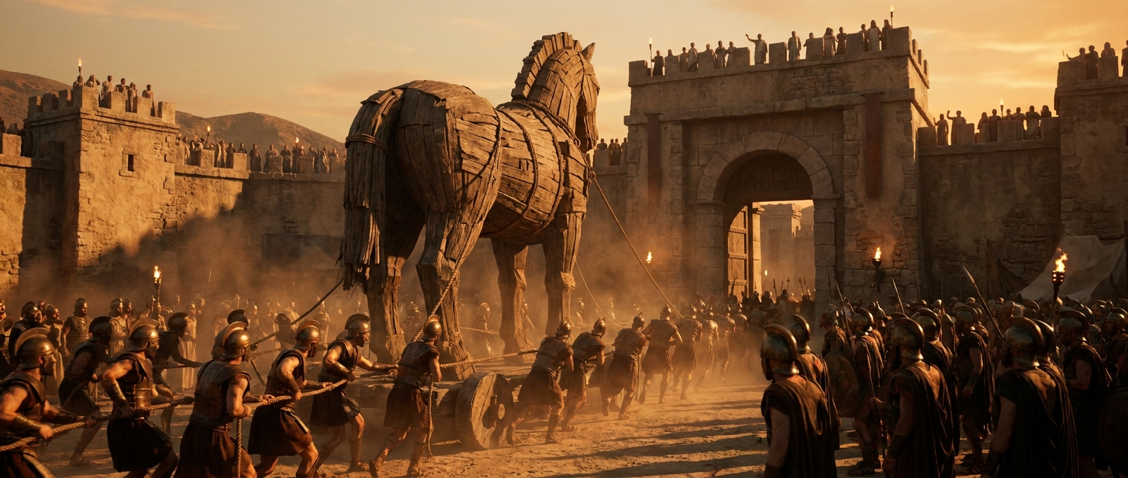 Trojan soldiers pull a giant wooden horse on ropes toward the gate of a walled city at dusk, people watching