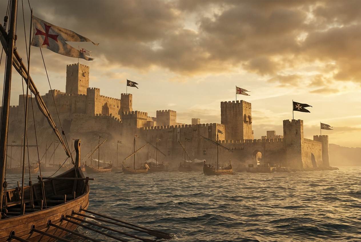 Crusader ships lie off the harbor fortress of Acre, its towers flying the banners of the Knights Templar and Hospitaller