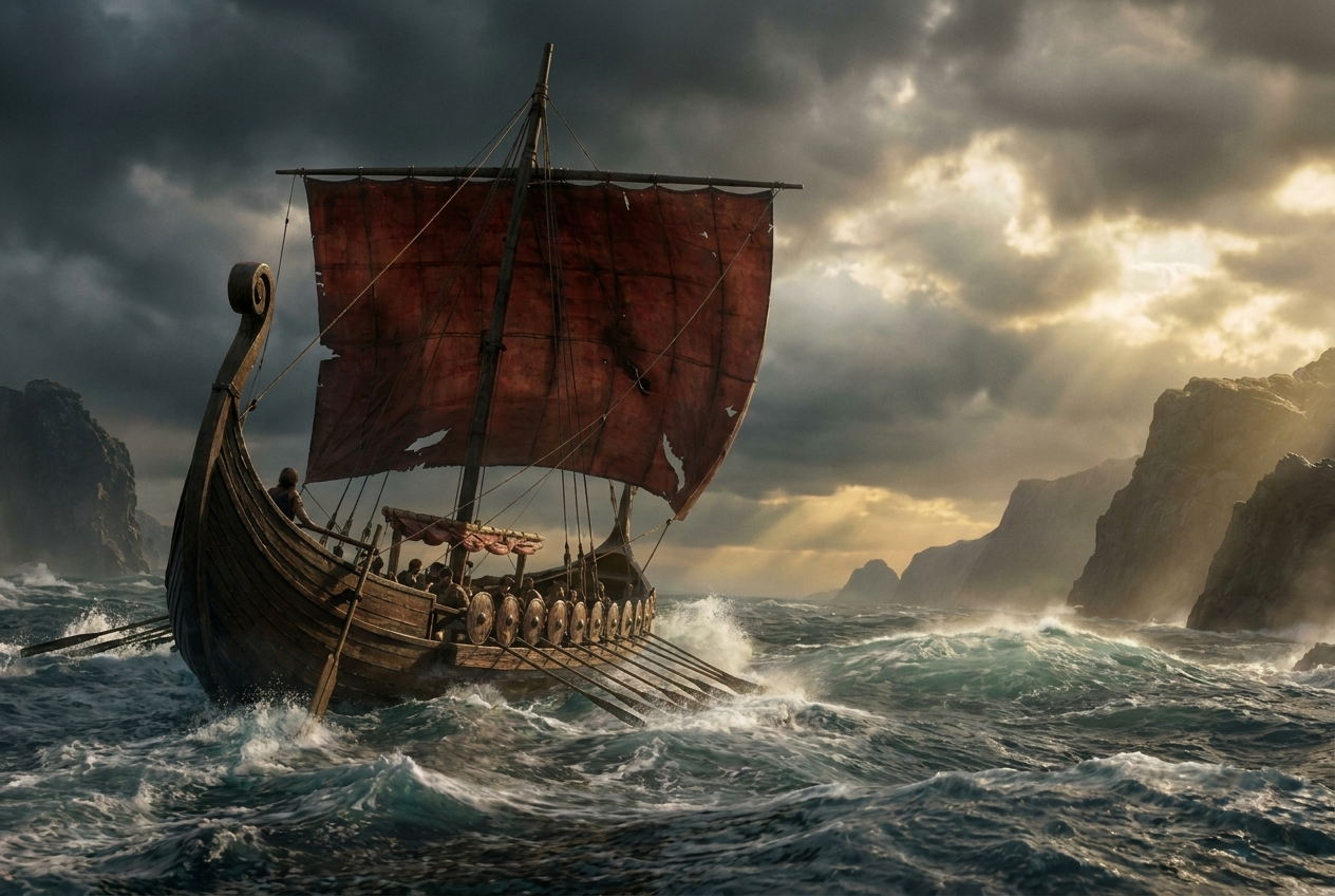 Das Schiff des Odysseus mit rotem Segel kämpft zwischen hohen Meeresklippen gegen riesige Wellen, durch die Sturmwolken bricht goldenes Licht