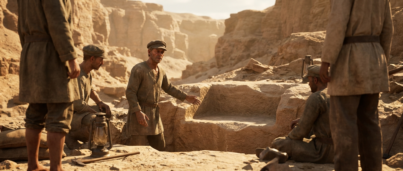 A workman points at a step cut into the rock in the Valley of the Kings in 1922 while other workmen gather around