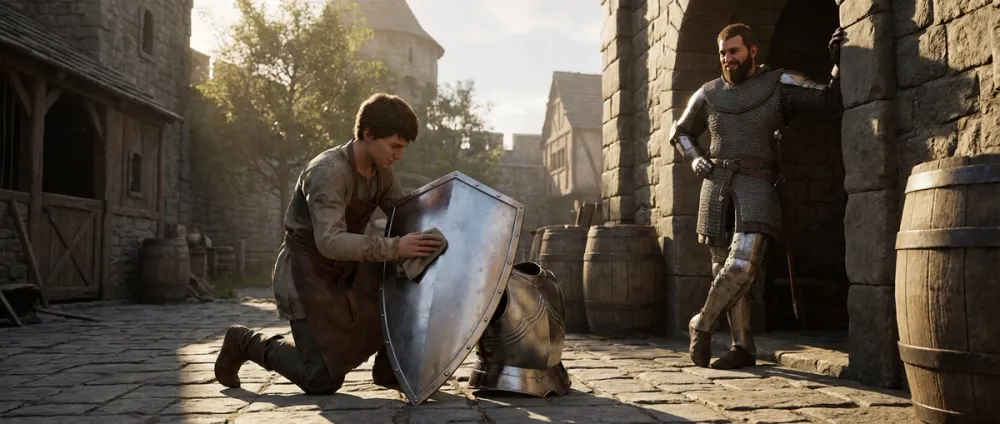 A young squire polishing a knight's armor and shield in a castle courtyard A young squire polishing a knight's armor and shield in a castle courtyard