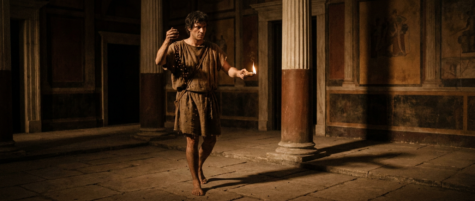 A Roman man in a tunic walks barefoot through a dark house at midnight and throws black beans over his shoulder, an oil lamp casting long shadows across the atrium