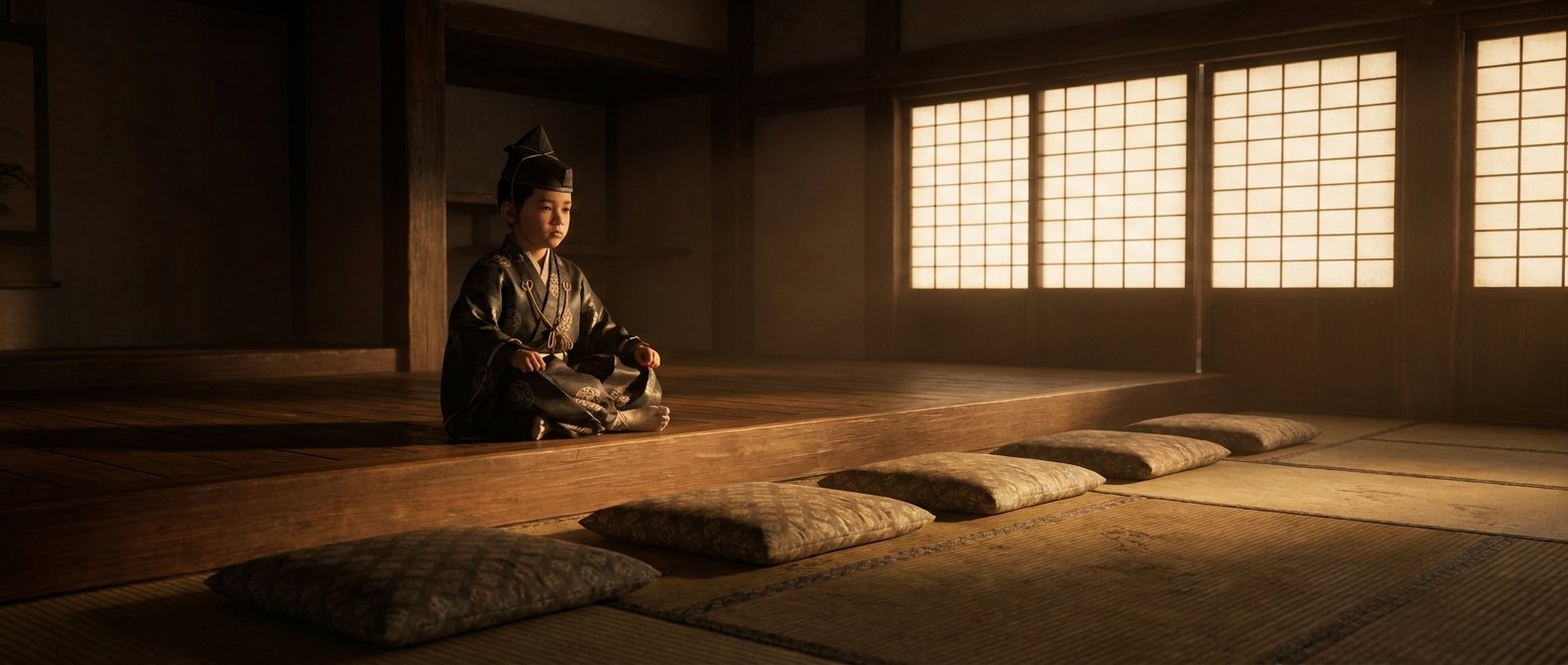 A five-year-old boy in formal court dress sits alone on a raised dais in a large hall, five empty cushions in front of him
