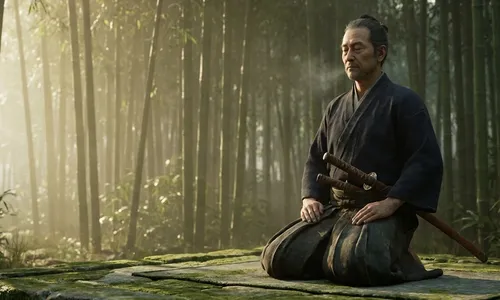 Ein Samurai steht in ruhiger, meditativer Haltung vor einem Bambuswald im Morgenlicht
