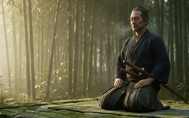 A samurai standing in calm meditative posture before a bamboo forest in morning light