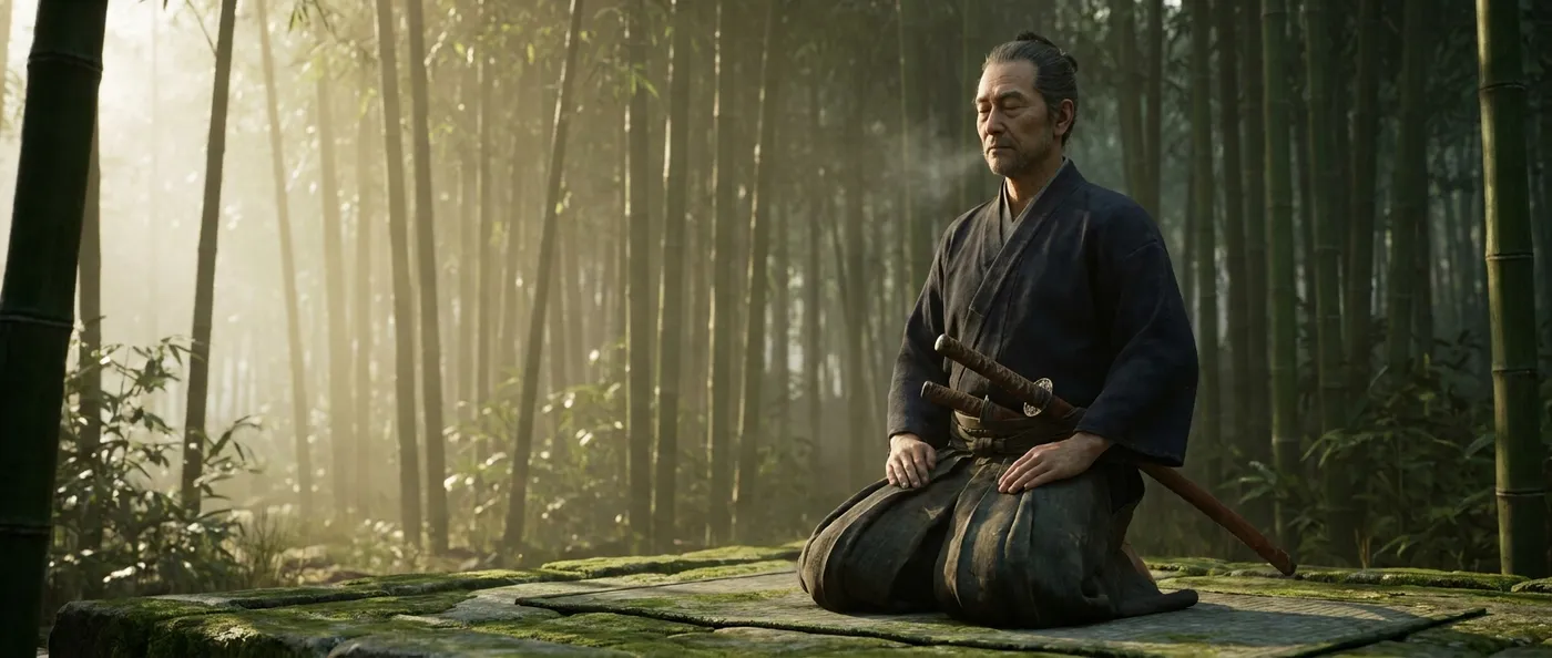A samurai standing in calm meditative posture before a bamboo forest in morning light
