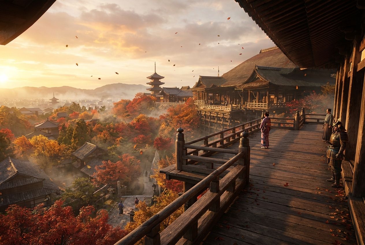 Bunte Herbstblätter wehen über die Holzterrasse des Kiyomizu-dera, unten liegt Kyoto im warmen Abendlicht	