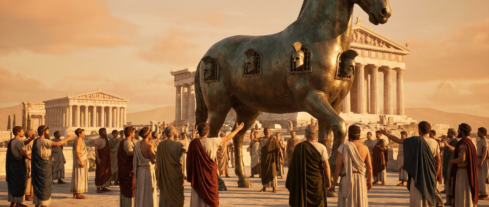 Athenians gather on the Acropolis around a bronze statue of a giant horse, with the faces of warriors looking out of its sides