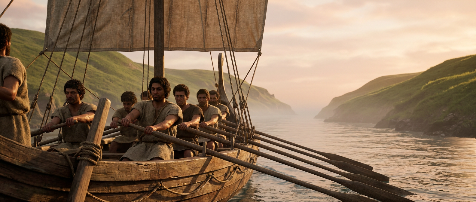 A Bronze Age wooden ship sails at dawn through a narrow sea channel between two low green hills, Bronze Age rowers with olive skin in short wool tunics pulling the oars