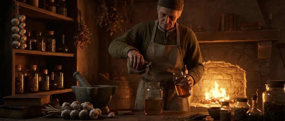 A medieval apothecary mixes herbs and vinegar in a dim workshop A medieval apothecary mixes herbs and vinegar in a dim workshop