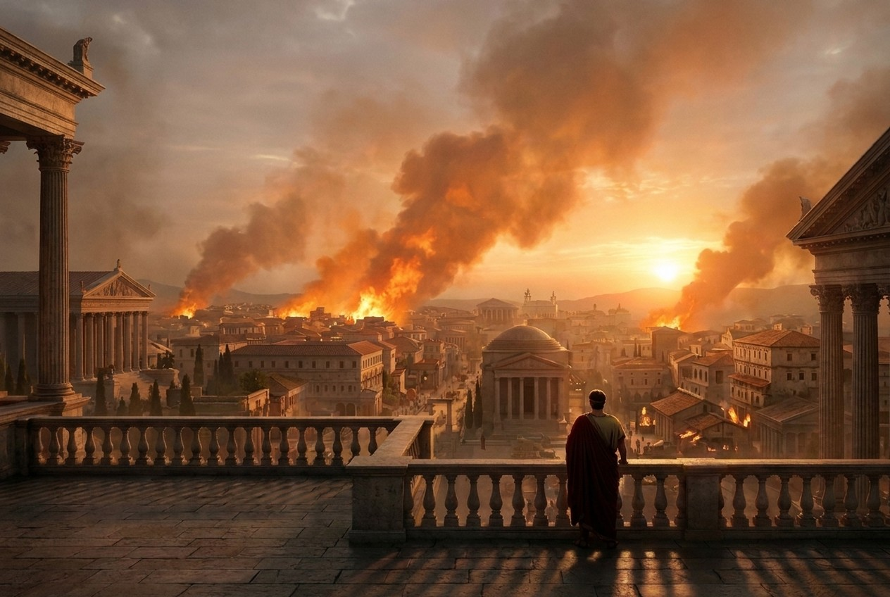 Emperor Nero looks out from a palace terrace over burning Rome, with thick clouds of smoke rising in the evening light.
