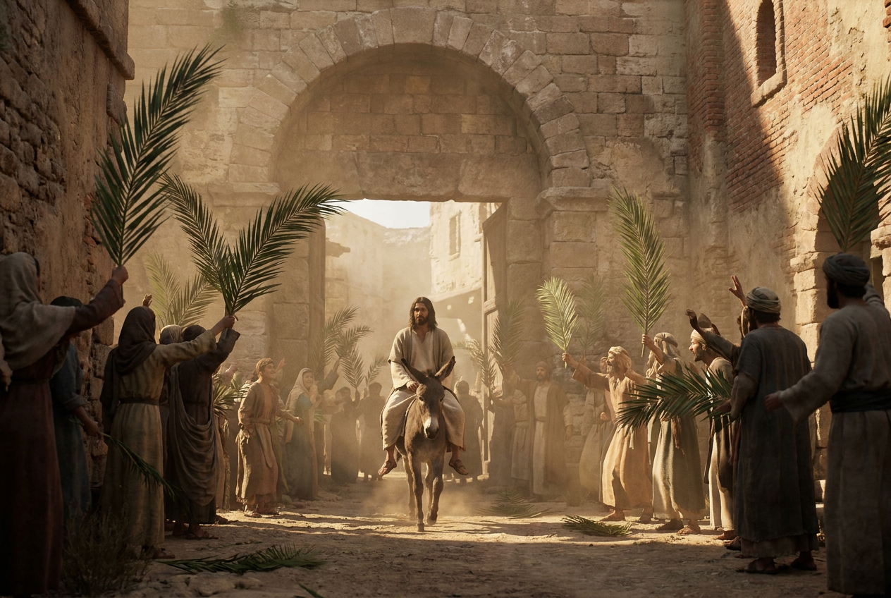 Jesus rides a donkey through a city gate as people welcome him with palm branches