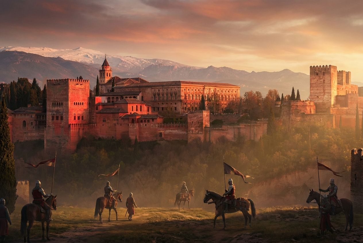 Knights with banners gather before the Alhambra in Granada at sunset, with the snowy Sierra Nevada behind