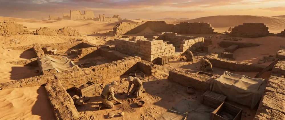 Eine archäologische Ausgrabungsstätte an den Ruinen einer altägyptischen Wüstenstadt Eine archäologische Ausgrabungsstätte an den Ruinen einer altägyptischen Wüstenstadt