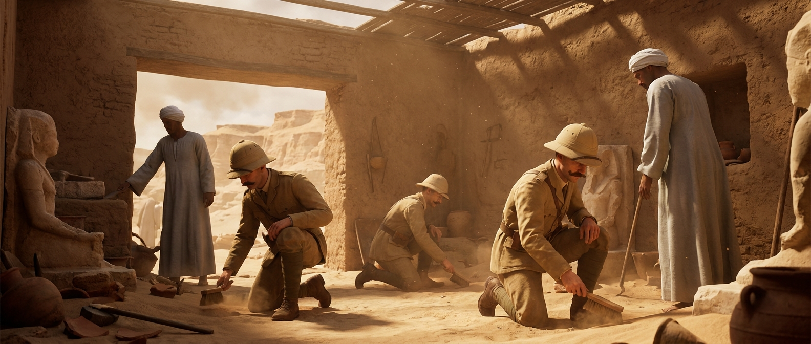 Deutsche Archäologen mit Schnurrbärten in Khakijacken und Tropenhelmen und ägyptische Arbeiter in langen Baumwollgewändern fegen 1912 in Amarna den Sand aus dem Raum einer Bildhauerwerkstatt mit Lehmziegelwänden, dahinter ragen Wüstenfelsen auf