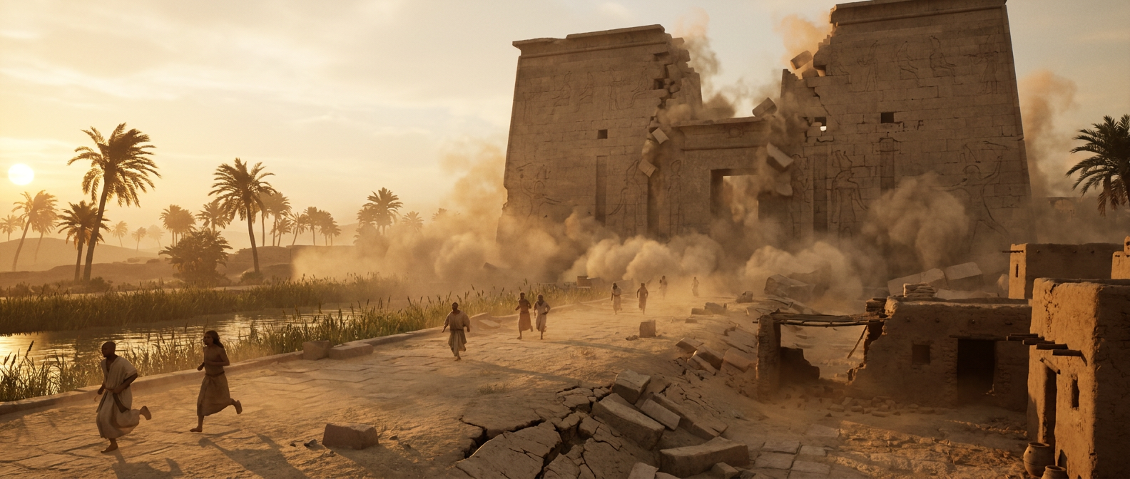 A temple of granite collapses in an earthquake, dust clouds rising and people fleeing