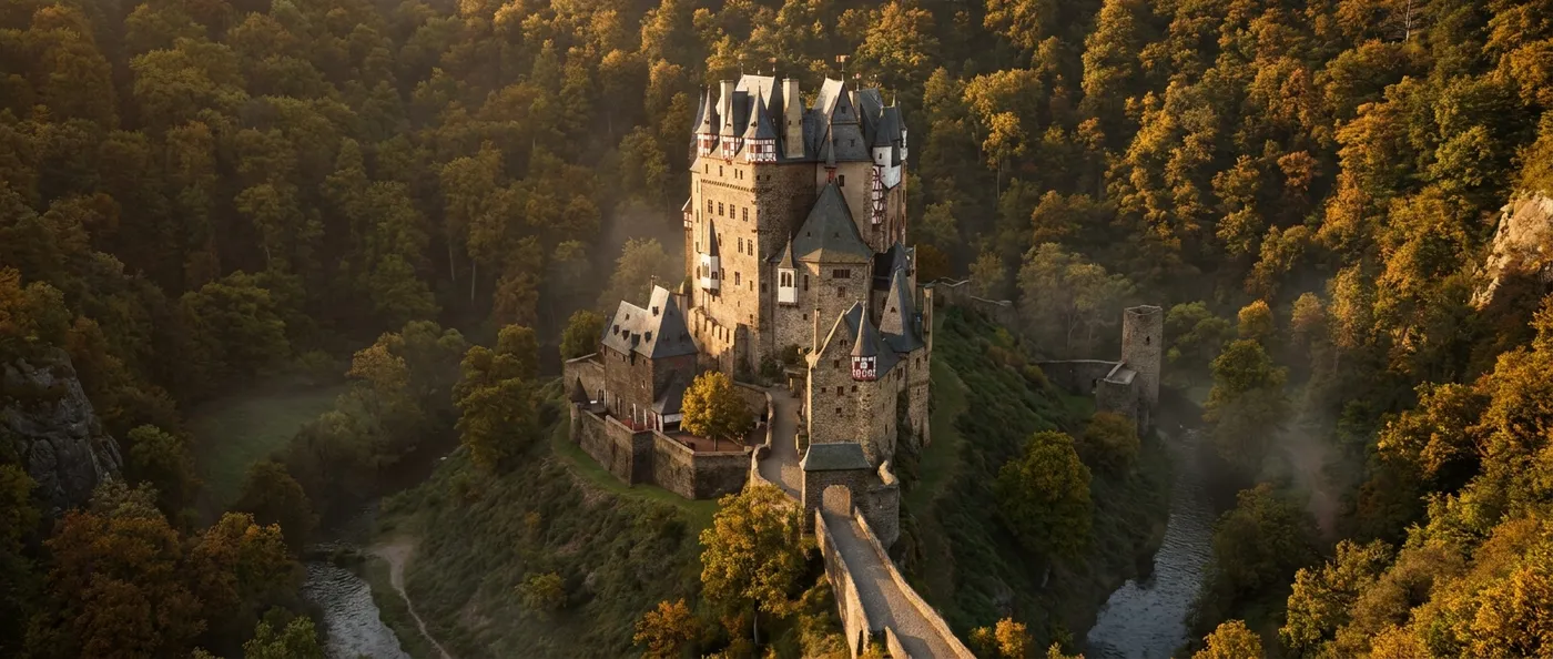 Eltz Castle rises on a rock in the forest, surrounded by the Elzbach stream, its distinctive towers lit in golden light