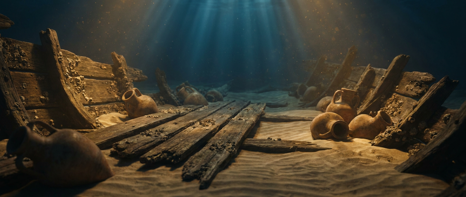 Antike Holzplanken eines Schiffes und mehrere Amphoren liegen im blauen Licht auf einem sandigen Meeresgrund, keine Menschen