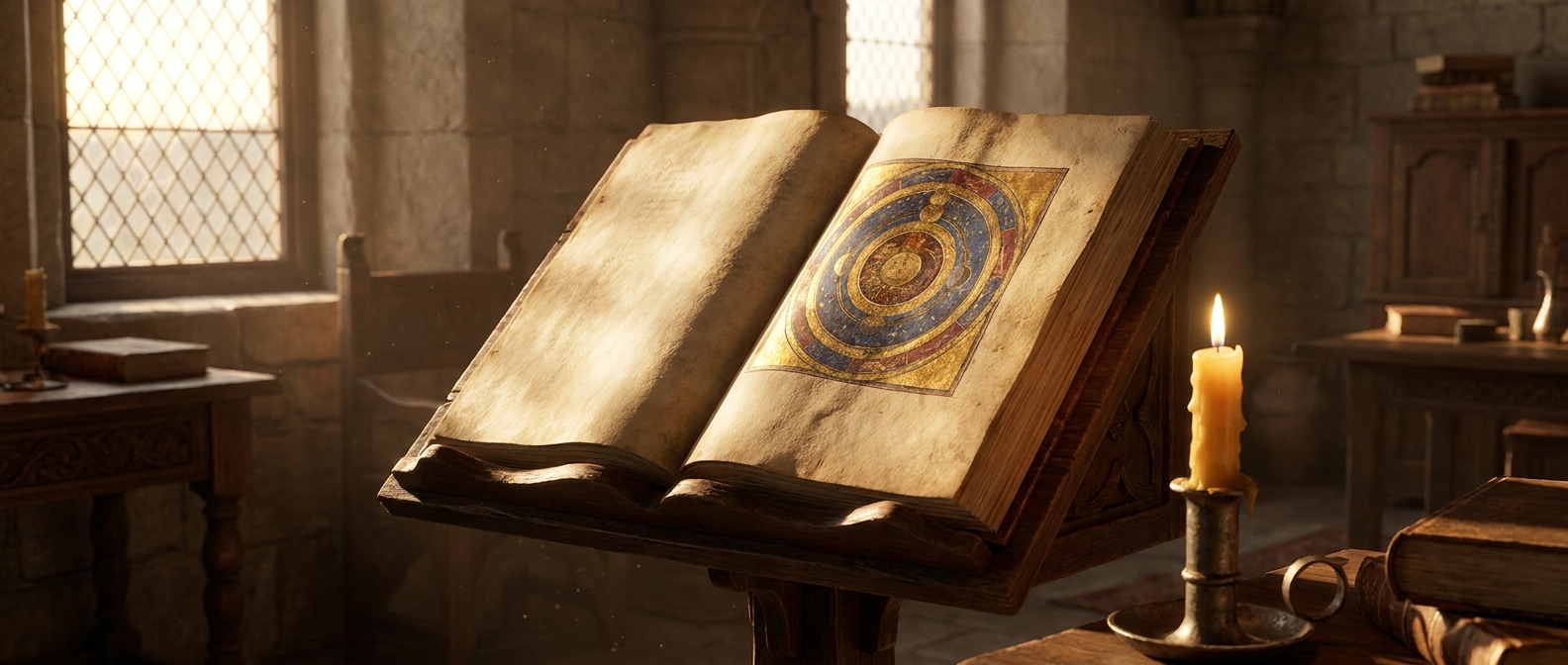 An open medieval manuscript with a circular cosmic vision in gold, blue, and red on parchment, a candle beside it