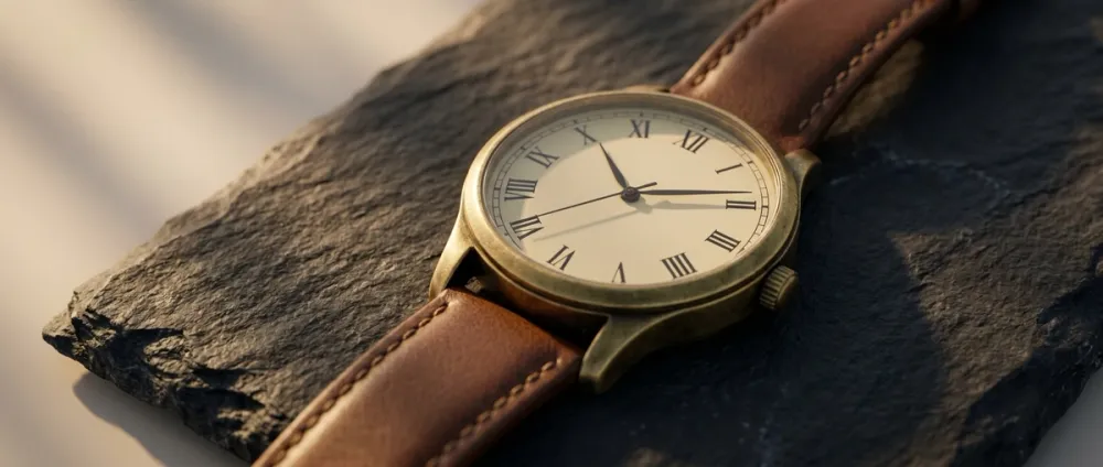Eine elegante Armbanduhr mit römischen Ziffern liegt auf einer Steinoberfläche Eine elegante Armbanduhr mit römischen Ziffern liegt auf einer Steinoberfläche