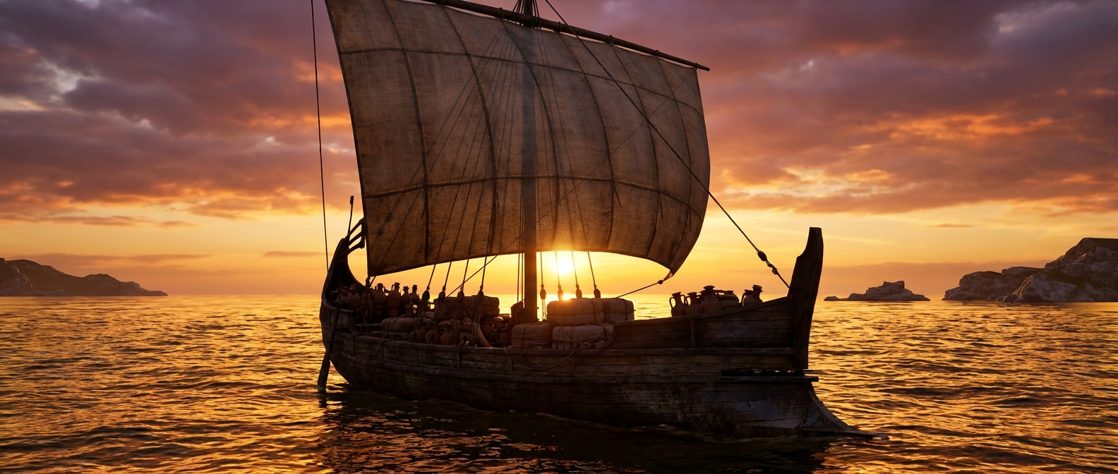 Ein großes griechisches Handelsschiff mit einem einzigen quadratischen Segel segelt im Abendlicht über das Ägäische Meer, auf dem Deck liegt verpackte Fracht, hinter dem Schiff geht die Sonne unter