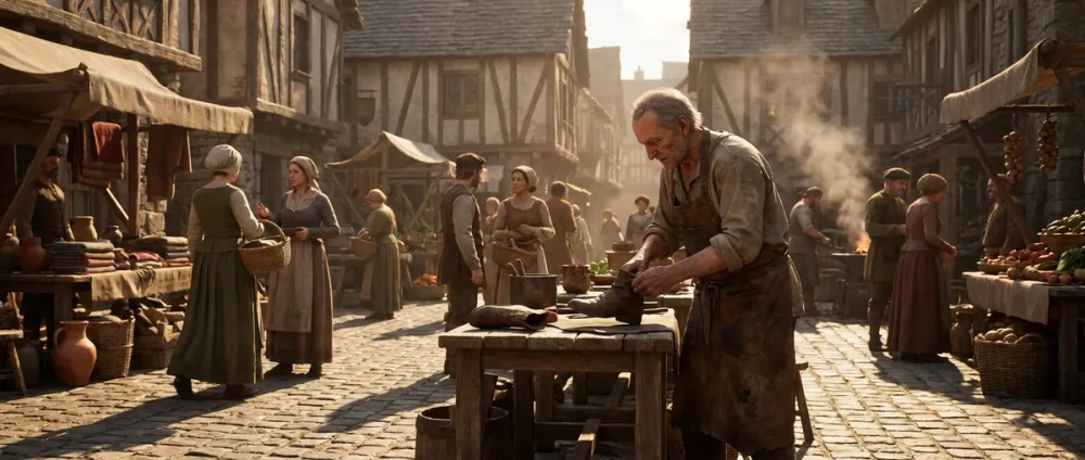 An ordinary craftsman working at a market stall in a historical town square, surrounded by everyday life An ordinary craftsman working at a market stall in a historical town square, surrounded by everyday life