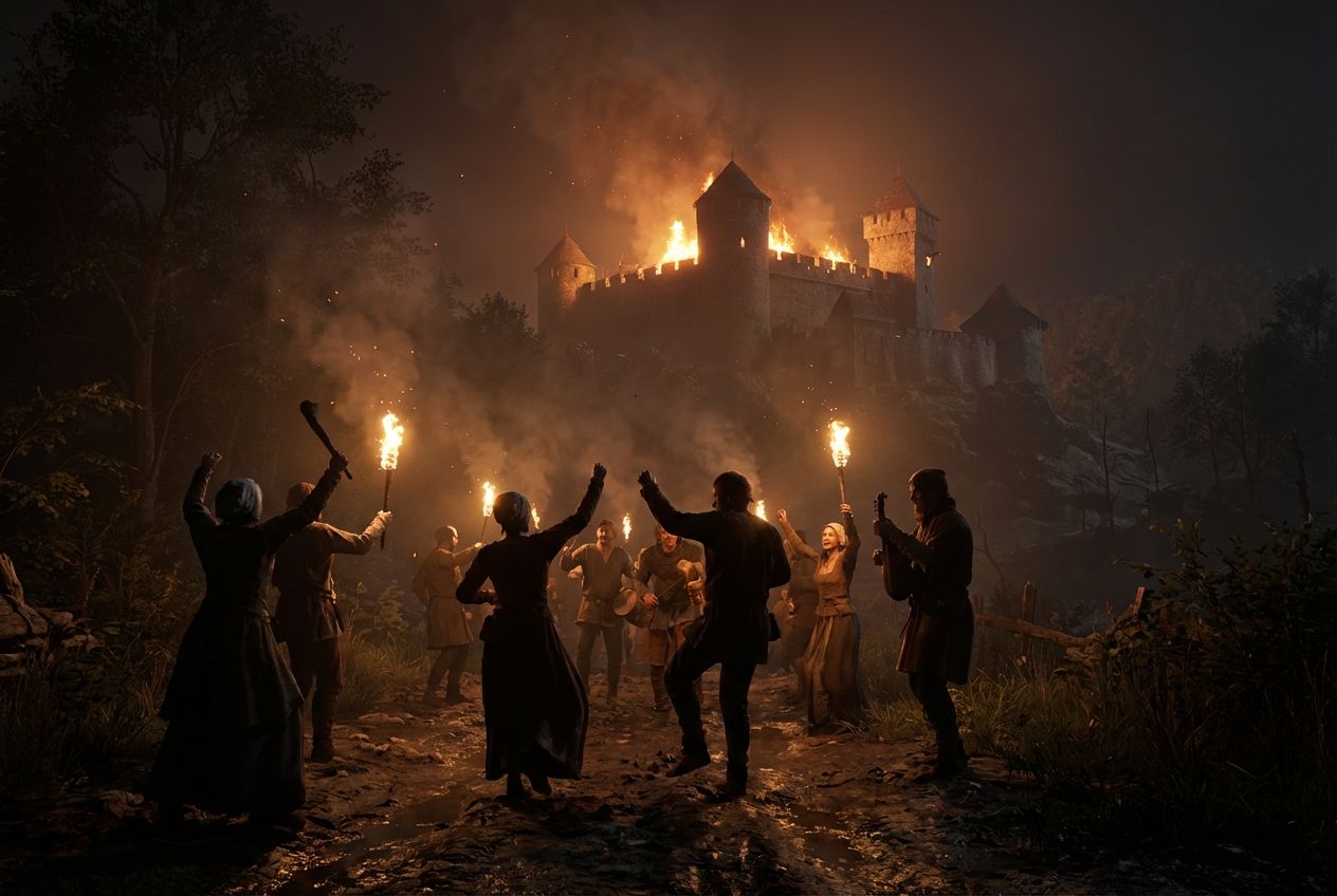 Peasants with torches and tools cheer and dance on a muddy path at night in front of a burning castle on a hill
