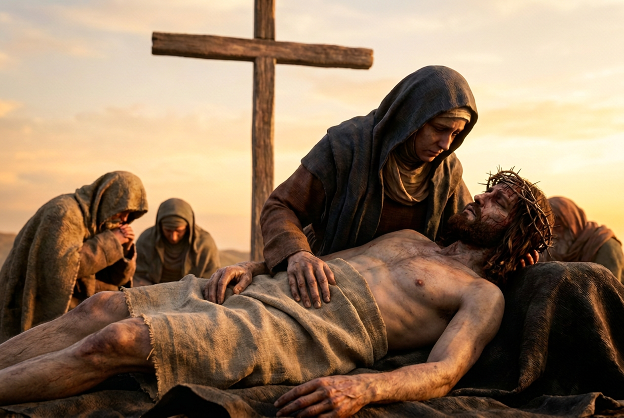 Mary holds the dead Jesus wearing the crown of thorns in her arms, the cross and mourning women behind them