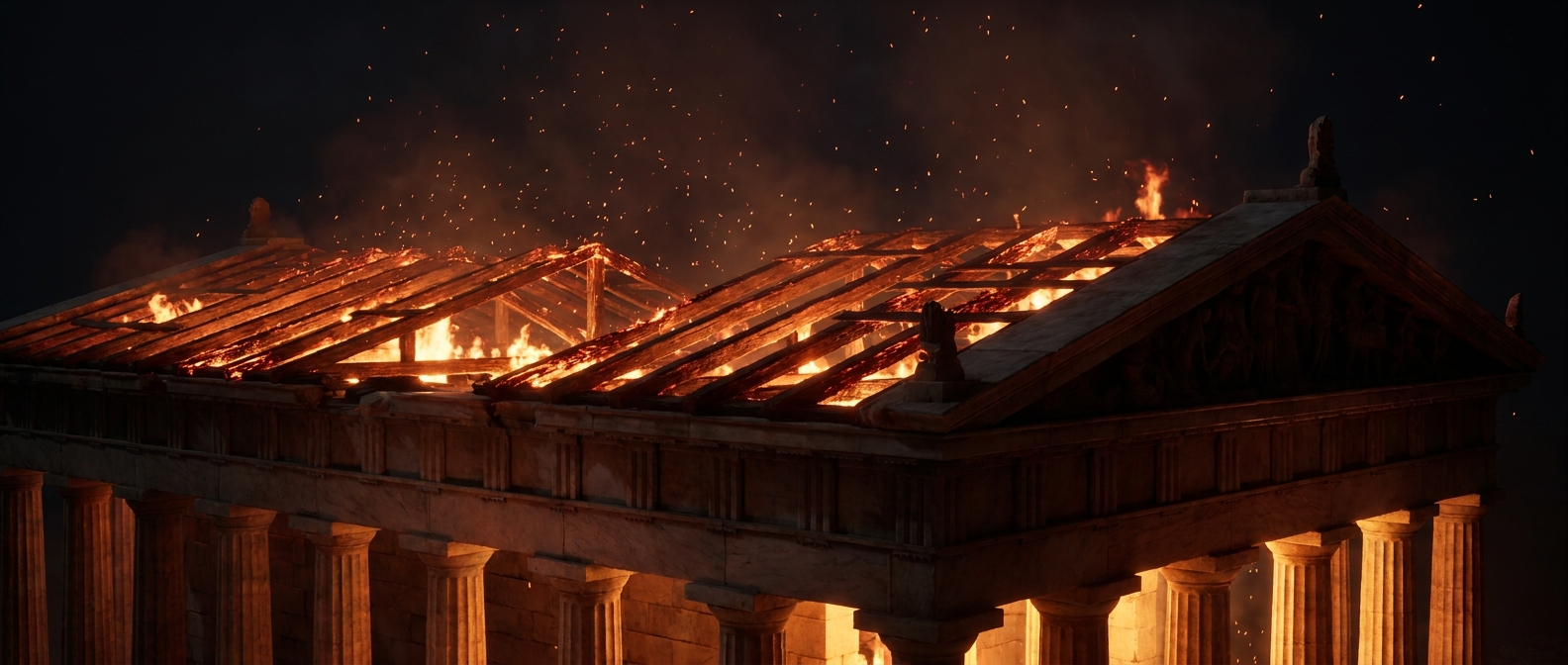 Flames and thick smoke spread across the wooden roof of a Greek marble temple at night, sparks rising above the tall columns