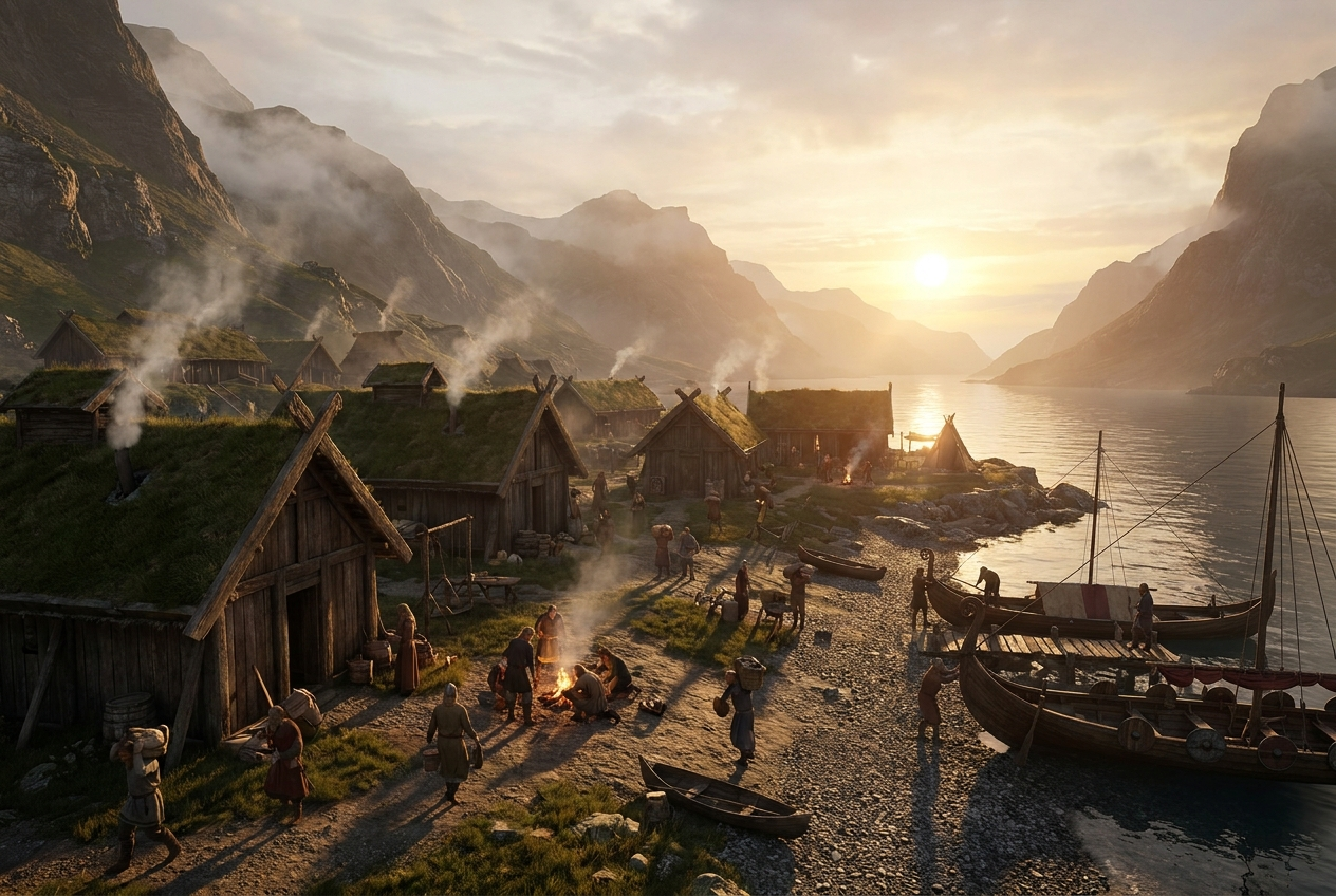 Eine Wikingersiedlung mit grasgedeckten Langhäusern liegt bei Sonnenuntergang an einem Fjord, Boote liegen am Ufer