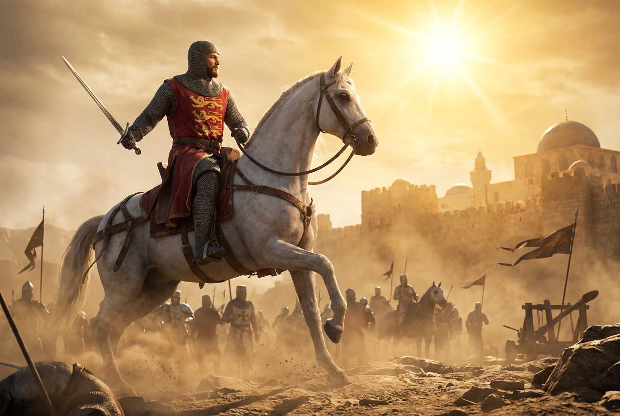 Richard the Lionheart rides a white horse with raised sword ahead of crusader knights before the sunlit walls of Jerusalem