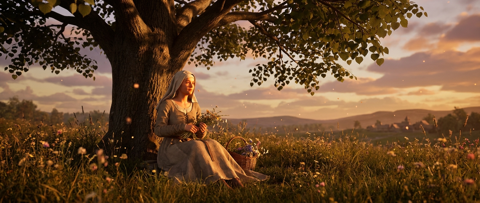 A young woman sits under a linden tree in a meadow at sunset, picking flowers
