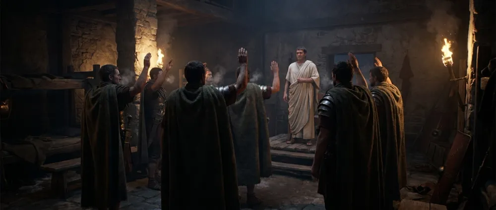 Praetorian Guard soldiers in Roman armor swear an oath with raised hands in the torchlight of their barracks Praetorian Guard soldiers in Roman armor swear an oath with raised hands in the torchlight of their barracks