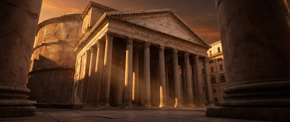 The Pantheon in ancient Rome, viewed from a dramatic low angle The Pantheon in ancient Rome, viewed from a dramatic low angle