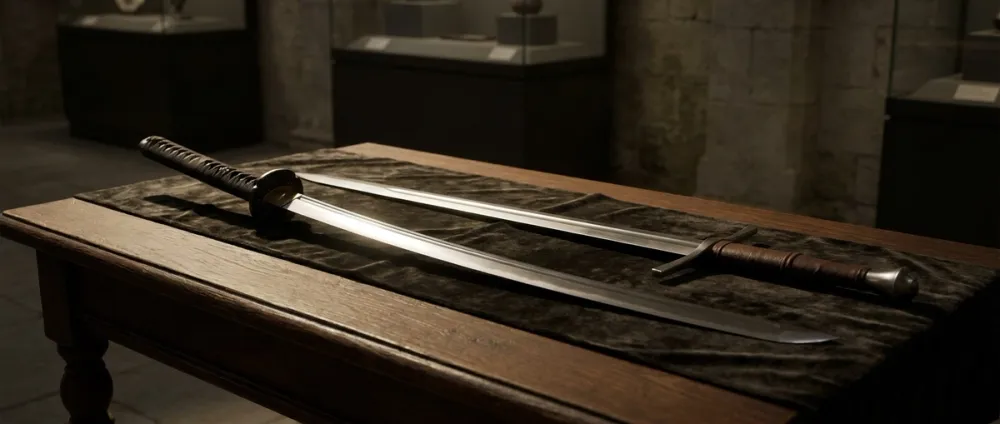 A katana and a European longsword lie side by side on a wooden table under dramatic side lighting A katana and a European longsword lie side by side on a wooden table under dramatic side lighting