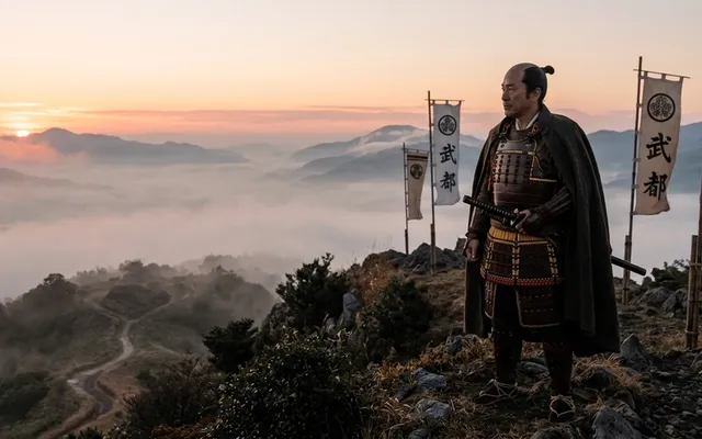 A samurai general in dark armor stands on a hill above a misty valley at dawn, banners fluttering behind him