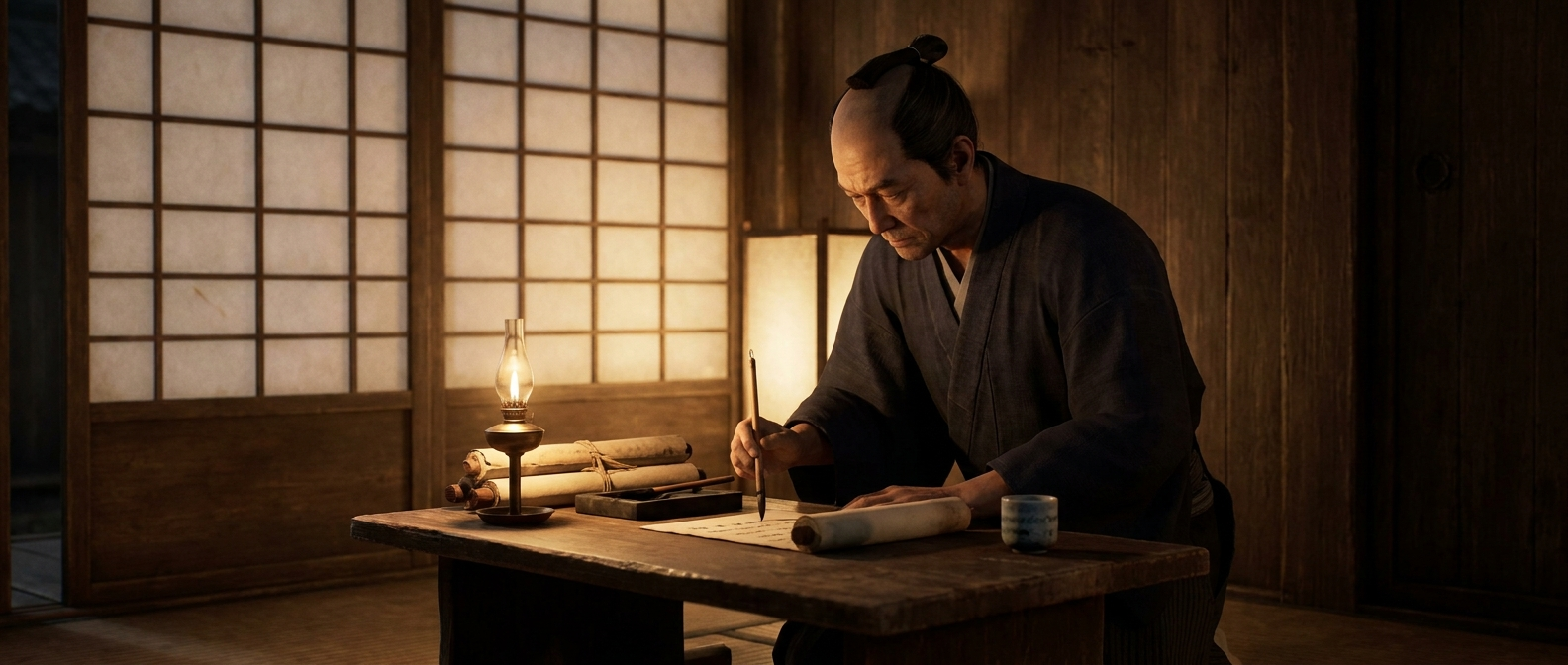 A samurai in a dark kimono writes a letter with a brush by candlelight in a room with paper sliding doors, an ink stone and scrolls in front of him
