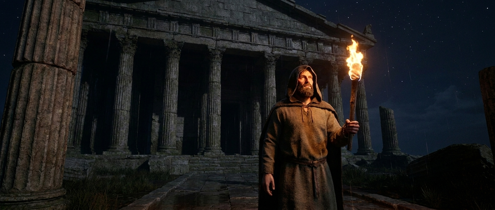 A lone man in a tunic holds a burning torch at night in front of the huge dark Temple of Artemis