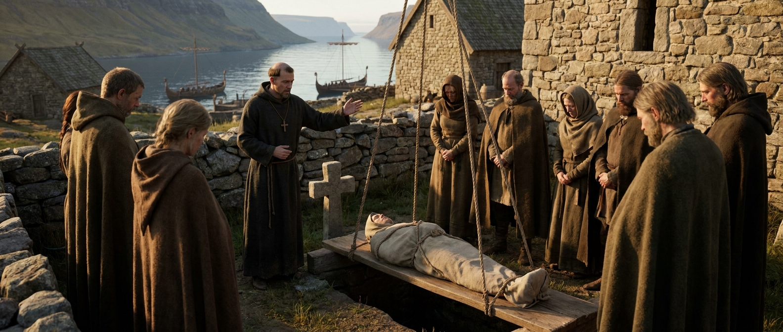 Ein nordischer Priester in einer schlichten Wollrobe leitet an einem Fjord in Grönland eine Bestattung auf einem von Steinmauern umgebenen Friedhof, ein in Tuch gewickelter Körper liegt mit dem Kopf nach Osten im Grab, Bauern in Wollumhängen stehen mit gesenkten Köpfen daneben