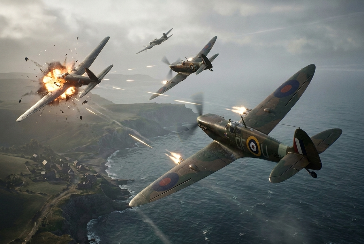 Britische Spitfires im Luftkampf über der englischen Küste, ein getroffenes deutsches Flugzeug explodiert