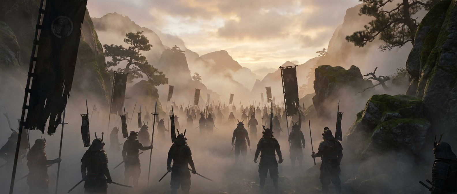 A samurai army waits in thick fog in a mountain valley at dawn, the banners barely visible