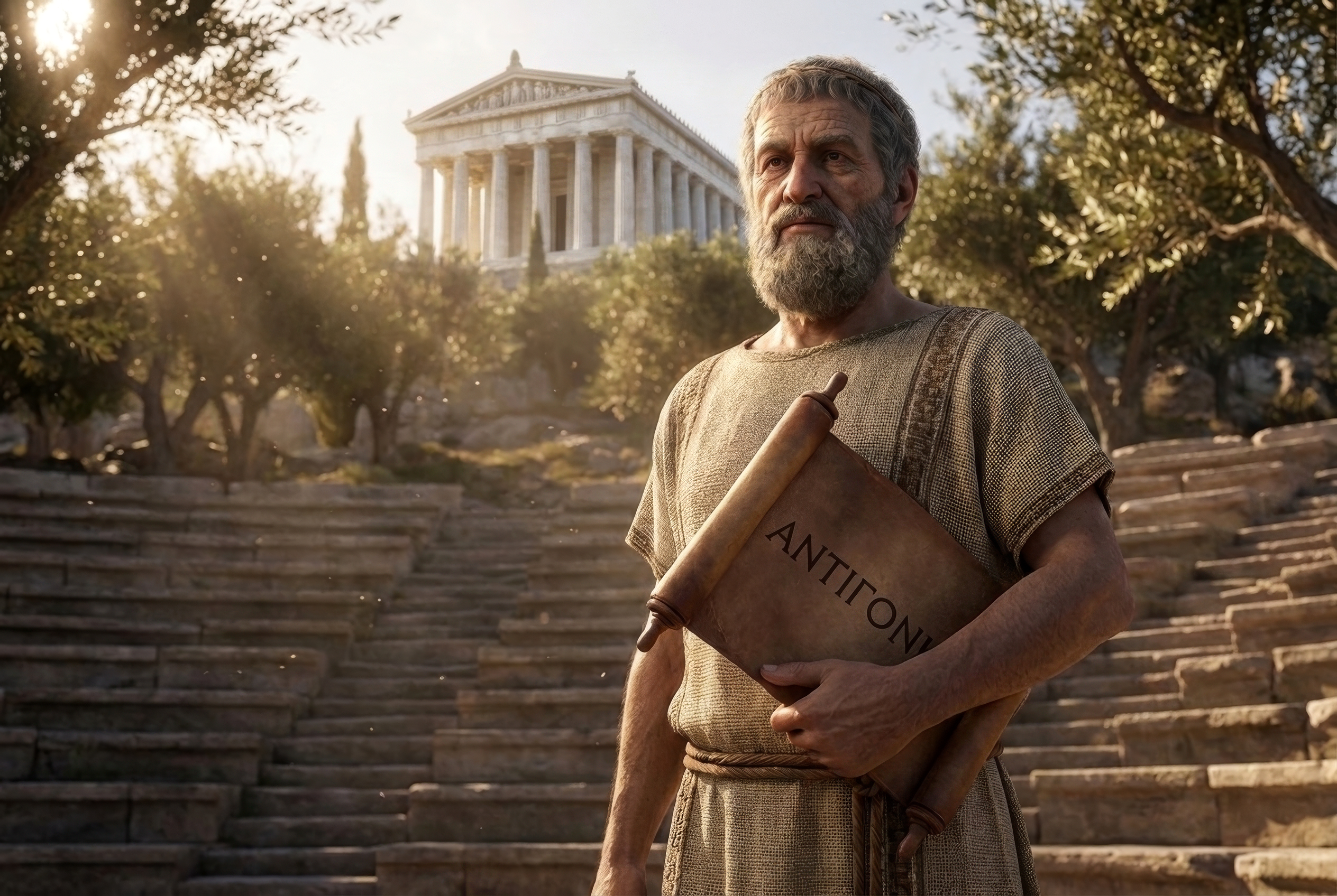 Ein bärtiger Grieche mit einer Schriftrolle der Antigone steht auf den Stufen eines antiken Theaters, dahinter ein Tempel