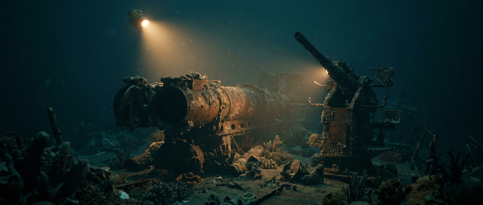 Der Torpedowerfer und ein Geschützstand eines gesunkenen Zerstörers liegen bewachsen am dunklen Meeresboden im Strahl eines einzelnen Lichts, Schwebeteilchen treiben im Wasser, keine Menschen