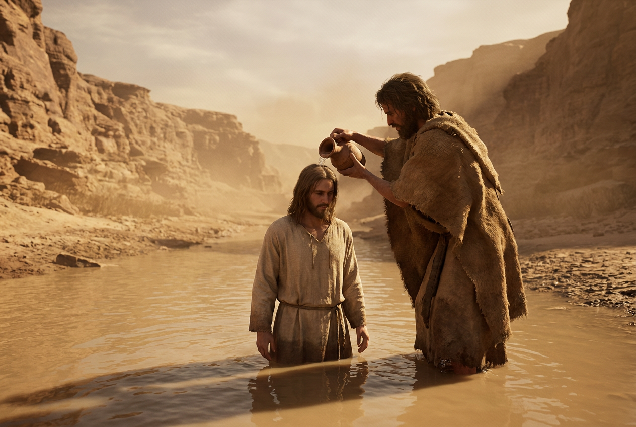 John the Baptist in a hair cloak pours water from a clay jug over Jesus, who stands in a muddy river in a desert valley